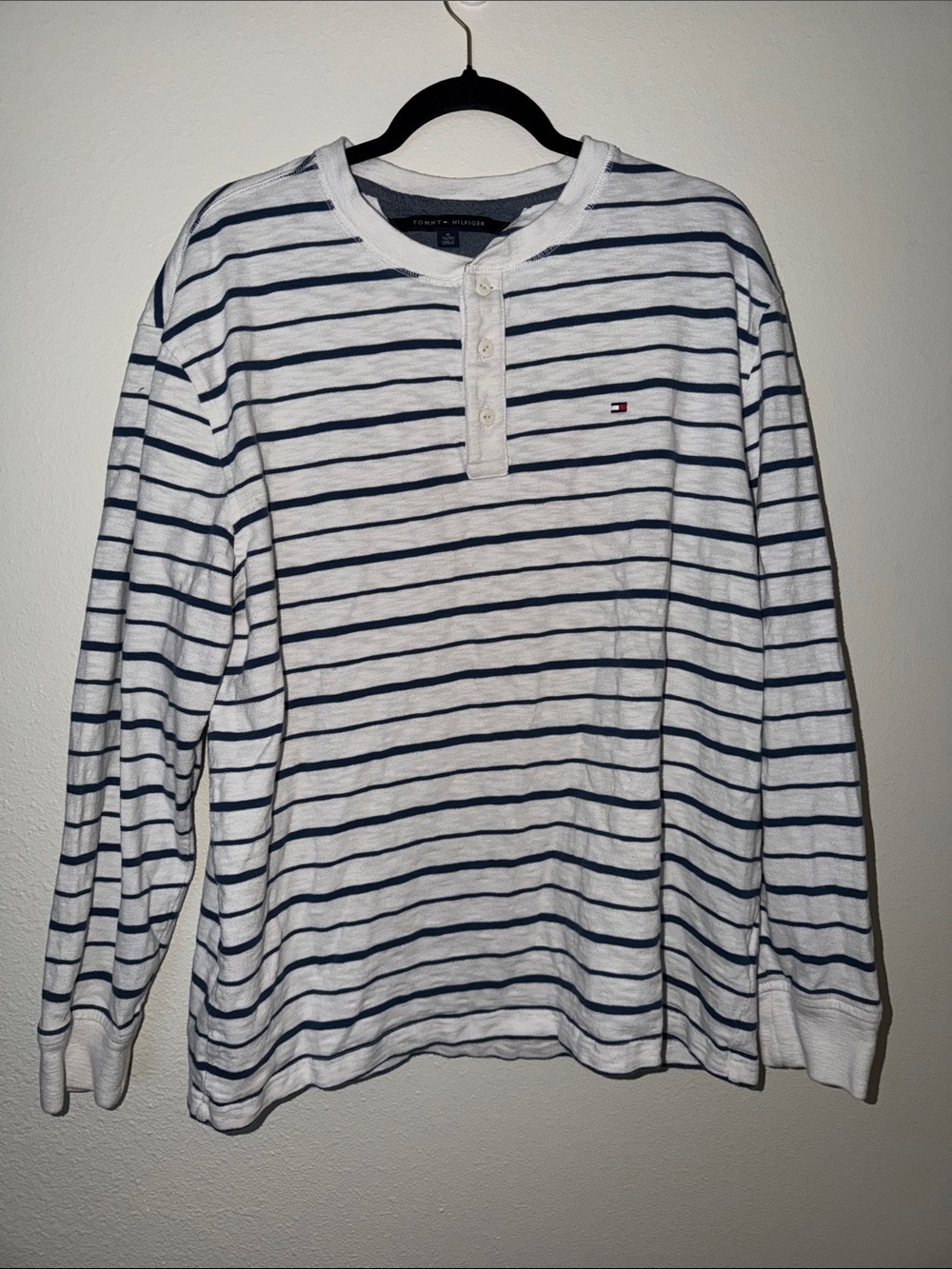Tommy Hilfiger White & Navy Striped Henley Long Sleeve